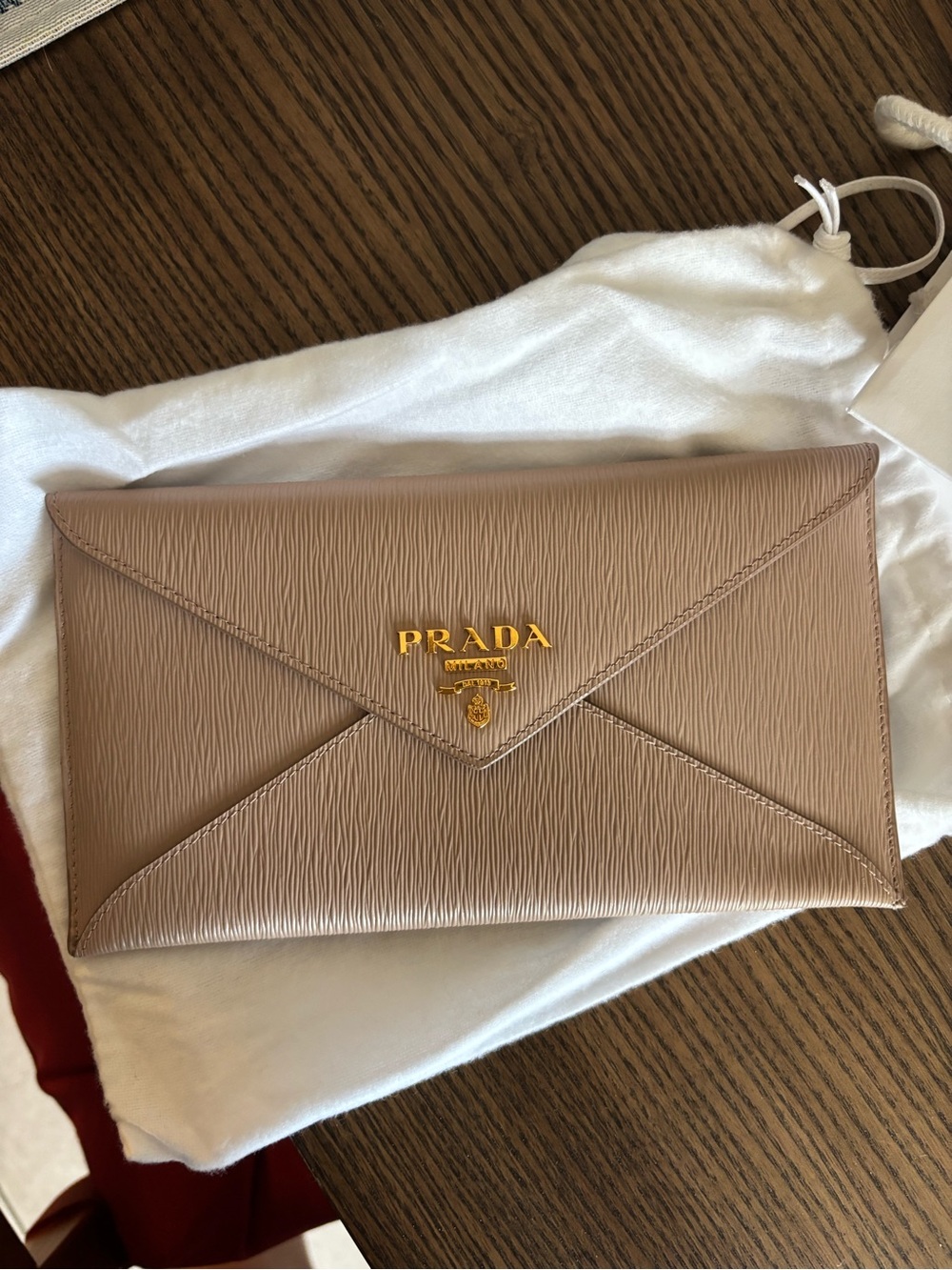 Prada Envelope Clutch in Taupe with Gold Logo